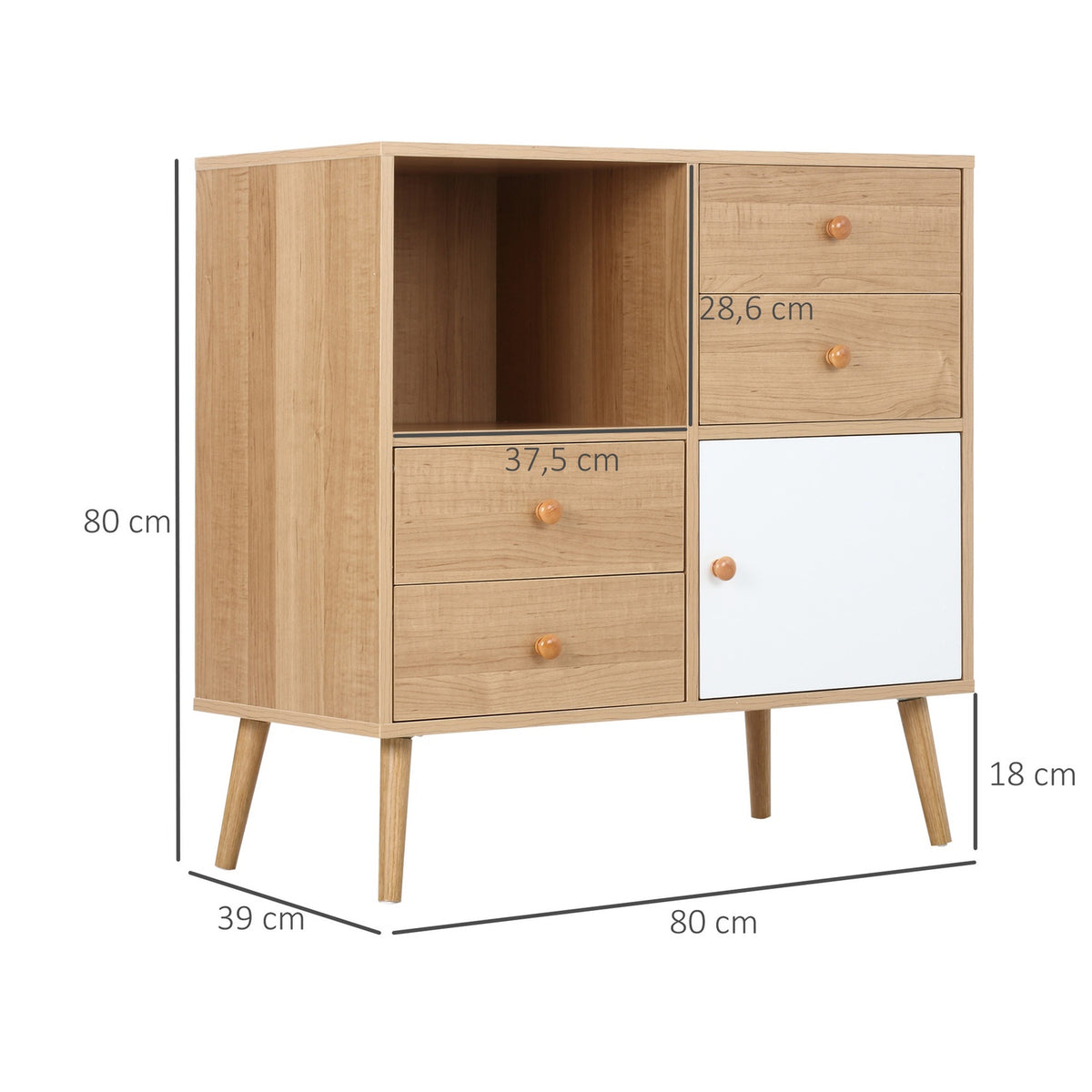 Sideboard With Open Compartments Kitchen Cabinet, Chest Of Drawers, 4 Drawers & Door, Scandi Design, Chipboard, Natural White, 80X39X80Cm
