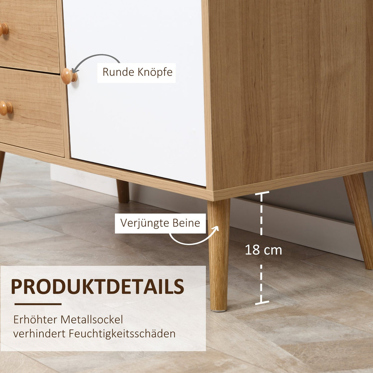 Sideboard With Open Compartments Kitchen Cabinet, Chest Of Drawers, 4 Drawers & Door, Scandi Design, Chipboard, Natural White, 80X39X80Cm