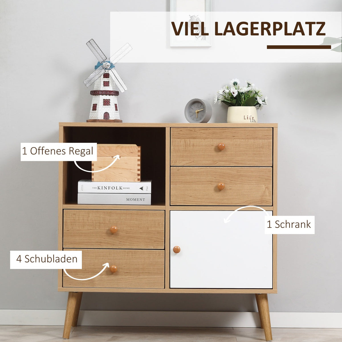 Sideboard With Open Compartments Kitchen Cabinet, Chest Of Drawers, 4 Drawers & Door, Scandi Design, Chipboard, Natural White, 80X39X80Cm