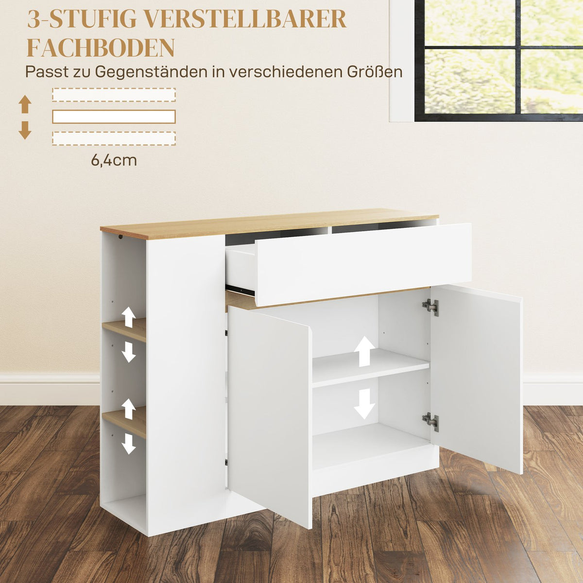 Sideboard, kitchen cabinet with drawer, adjustable shelf, storage cabinet with anti-tip protection, side cabinet for kitchen, dining room, 105 x 30 x 81.5 cm white
