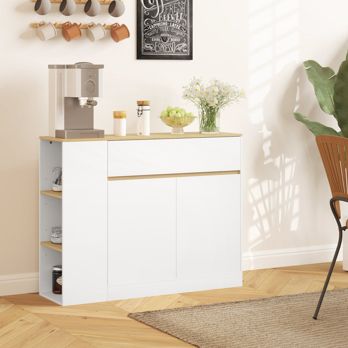 Sideboard, kitchen cabinet with drawer, adjustable shelf, storage cabinet with anti-tip protection, side cabinet for kitchen, dining room, 105 x 30 x 81.5 cm white