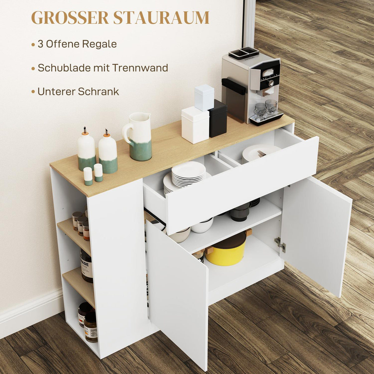 Sideboard, kitchen cabinet with drawer, adjustable shelf, storage cabinet with anti-tip protection, side cabinet for kitchen, dining room, 105 x 30 x 81.5 cm white