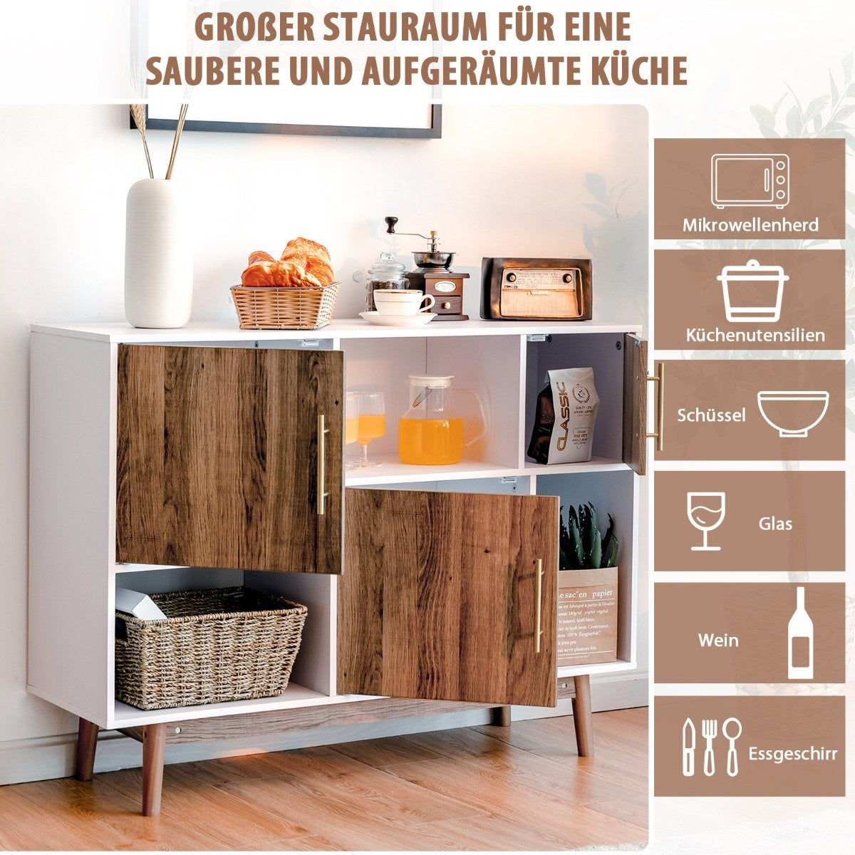 Sideboard standing shelf chest of drawers multi-purpose cupboard 95 x 31 x 76 cm white + coffee brown