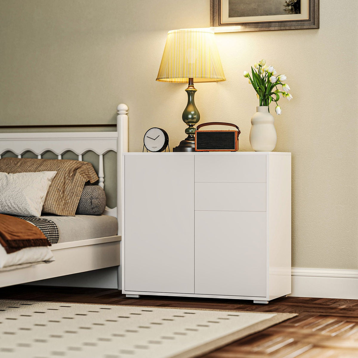 Sideboard storage cabinet with drawer, 2 push-click doors, kitchen cabinet with adjustable shelf, buffet cabinet for kitchen, living room 79x36x75 cm white