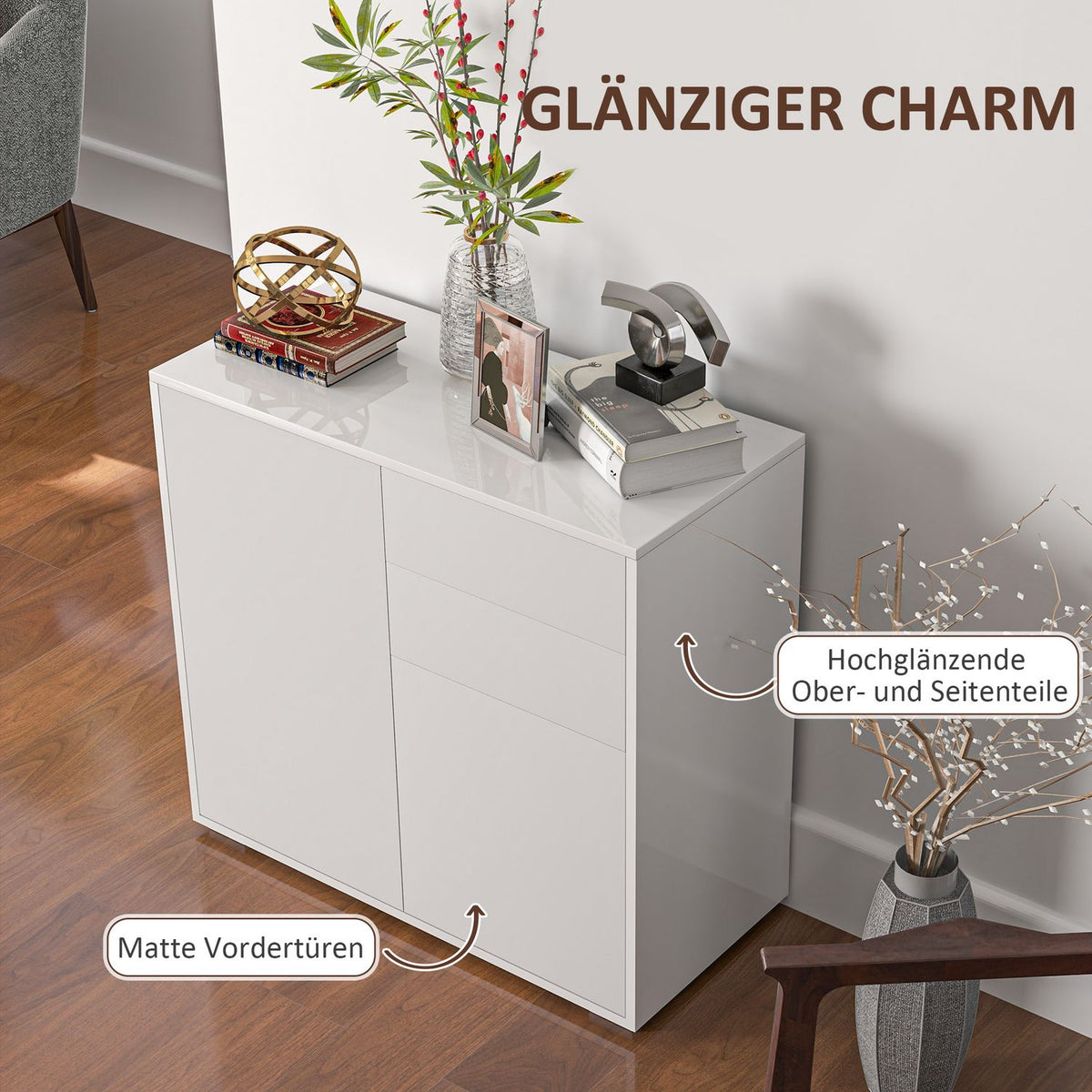 Sideboard storage cabinet with drawer, 2 push-click doors, kitchen cabinet with adjustable shelf, buffet cabinet for kitchen, living room 79x36x75 cm white