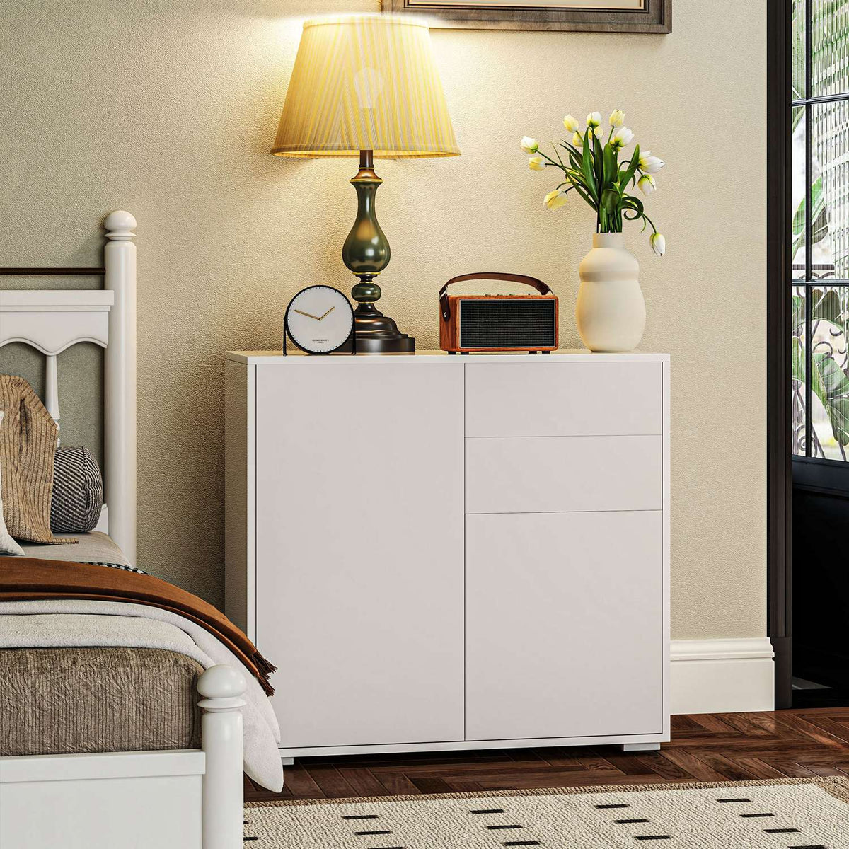 Sideboard storage cabinet with drawer, 2 push-click doors, kitchen cabinet with adjustable shelf, buffet cabinet for kitchen, living room 79x36x75 cm white