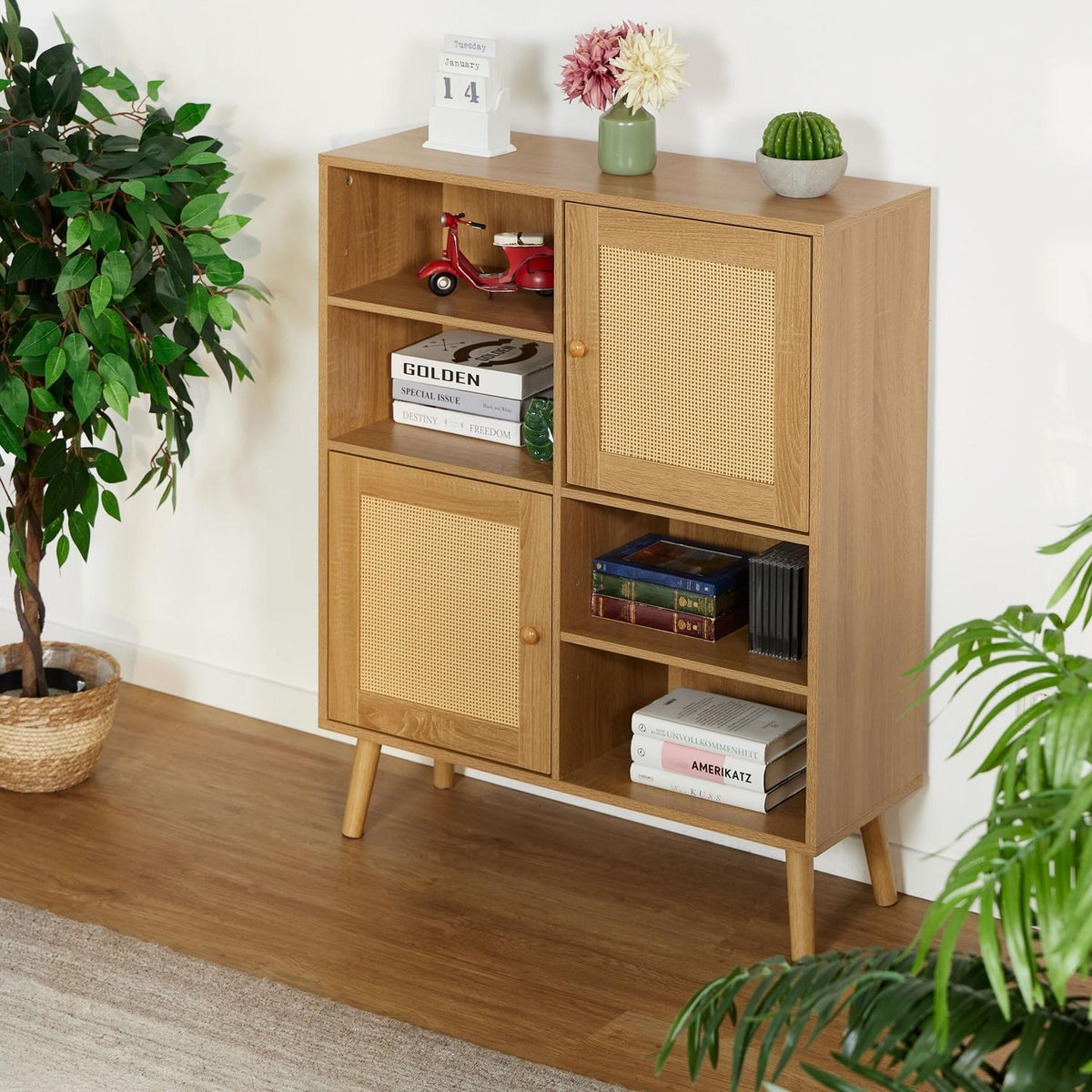 Sideboard with 2 Rattan Doors and Adjustable Shelves