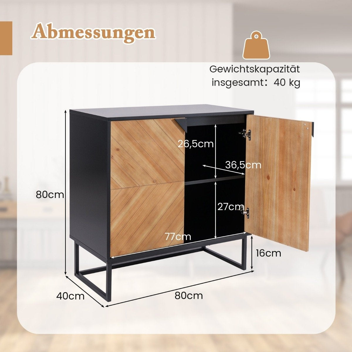 Sideboard with 2 doors, kitchen cabinet with shelf, buffet cabinet modern with metal legs, 80 x 40 x 80 cm, black
