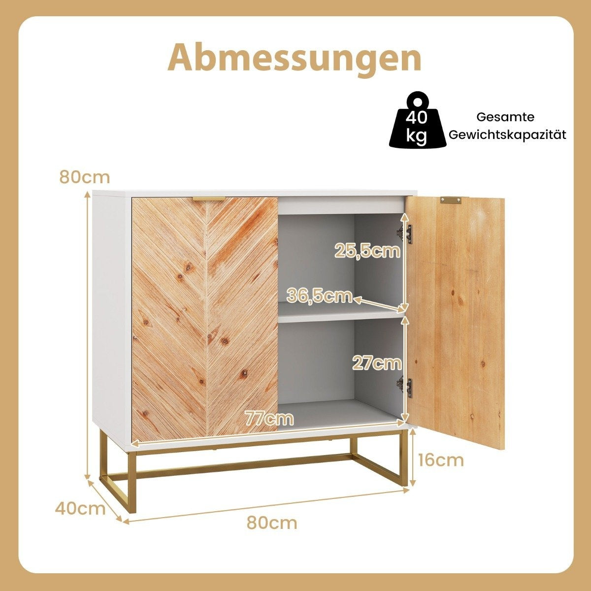 Sideboard with 2 doors, kitchen cabinet with shelf, buffet cabinet modern with metal legs, white 80 x 40 x 80 cm