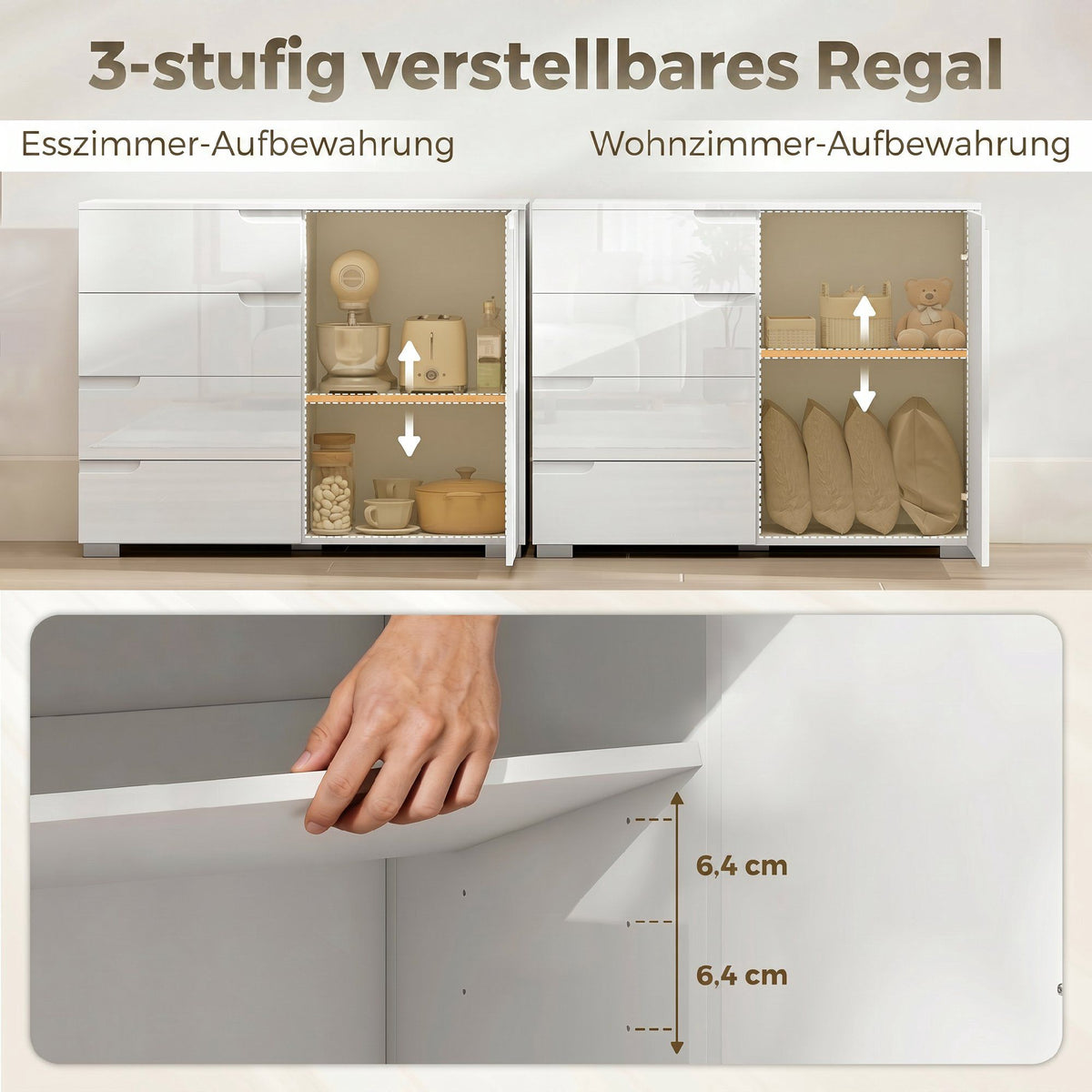 Sideboard with 4 Drawers, 1 Door, Adjustable Shelf, White