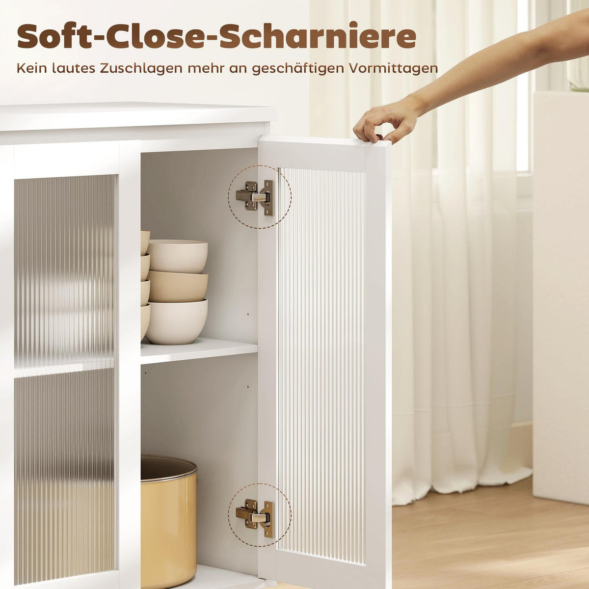 Sideboard with 4 Drawers, 2 Glass Doors, MDF, White