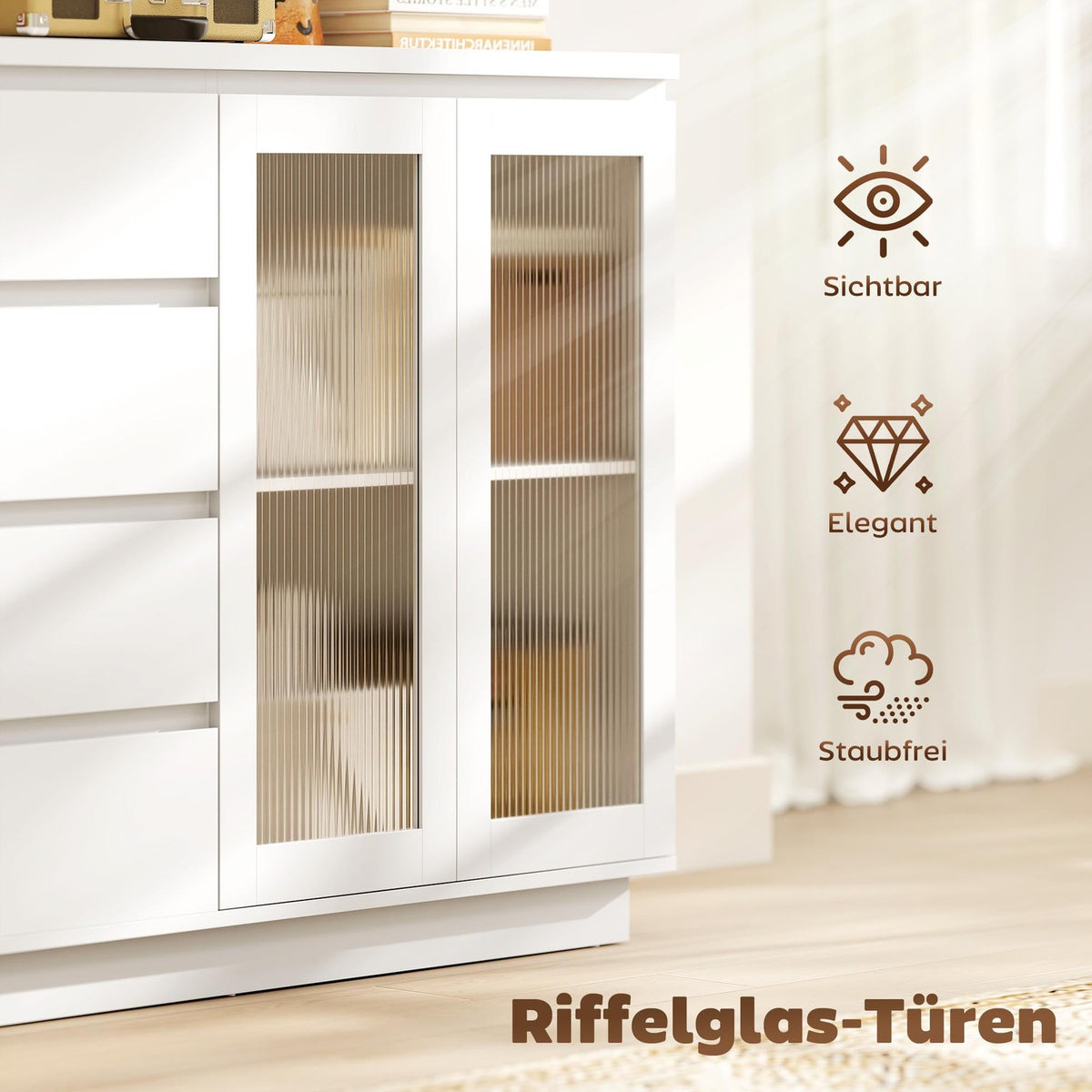 Sideboard with 4 Drawers, 2 Glass Doors, MDF, White