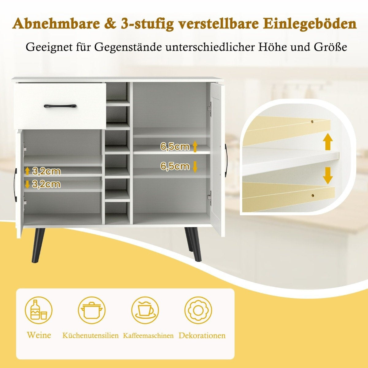 Sideboard with 6 Bottles Wine Rack & Drawer & 2 Doors Modern Wine Bar Cabinet White