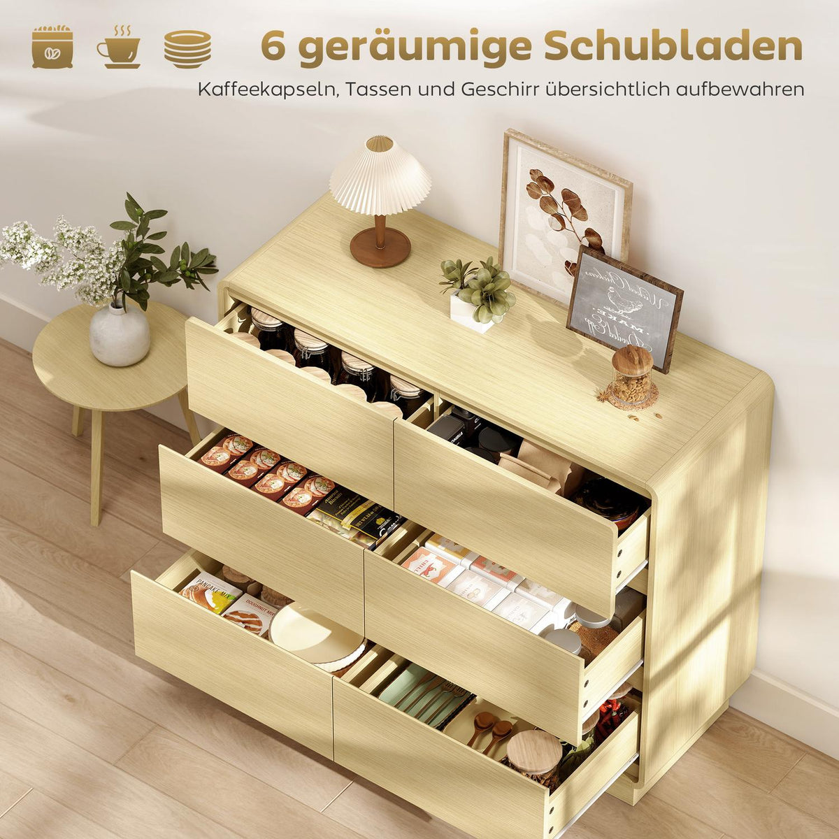Sideboard with 6 Drawers, 100 cm, Natural Wood Finish