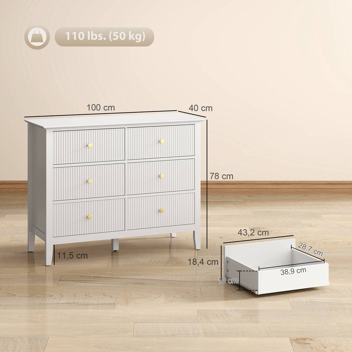 Sideboard with 6 Drawers, White, 100 x 40 x 78 cm