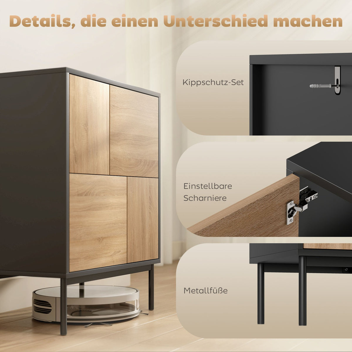 Sideboard with Push-to-Open Doors, Black/Natural Wood