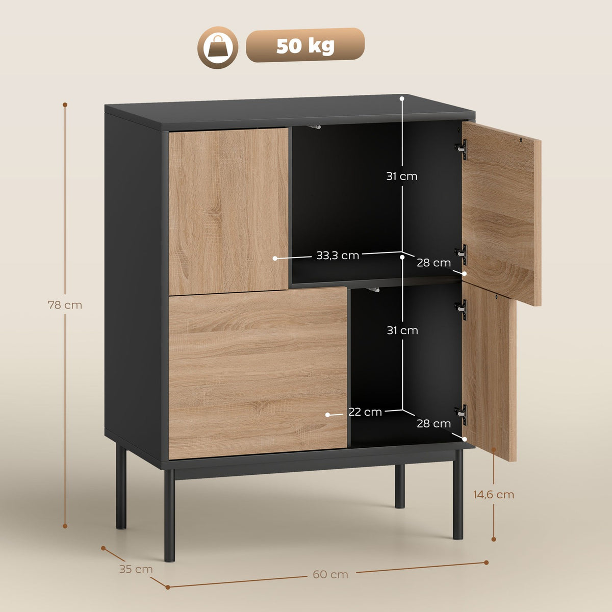 Sideboard with Push-to-Open Doors, Black/Natural Wood