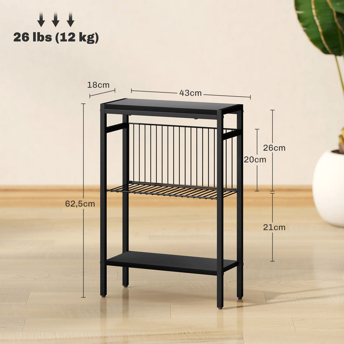 Side table, 3-tier design, wood-effect shelves, steel frame, black