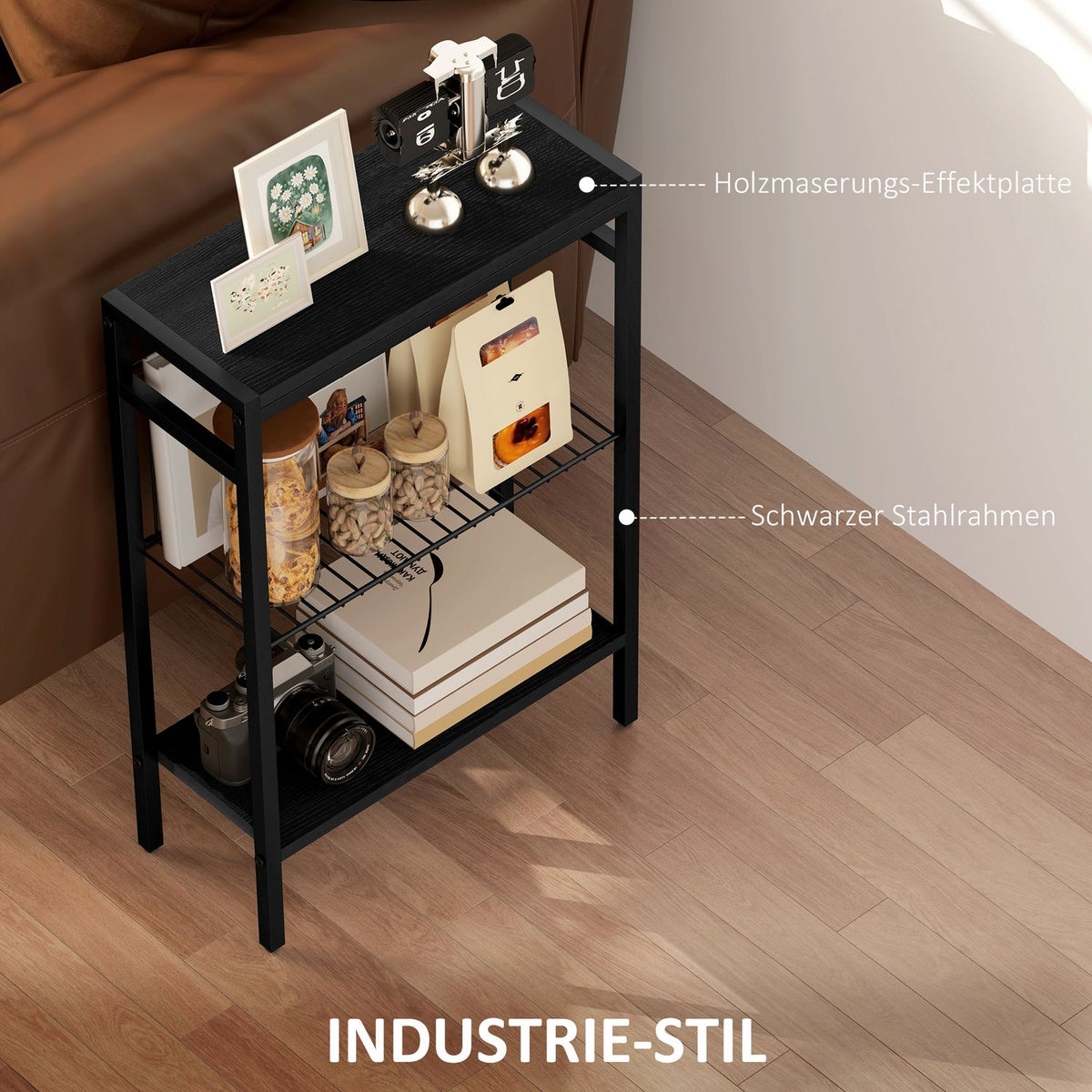 Side table, 3-tier design, wood-effect shelves, steel frame, black