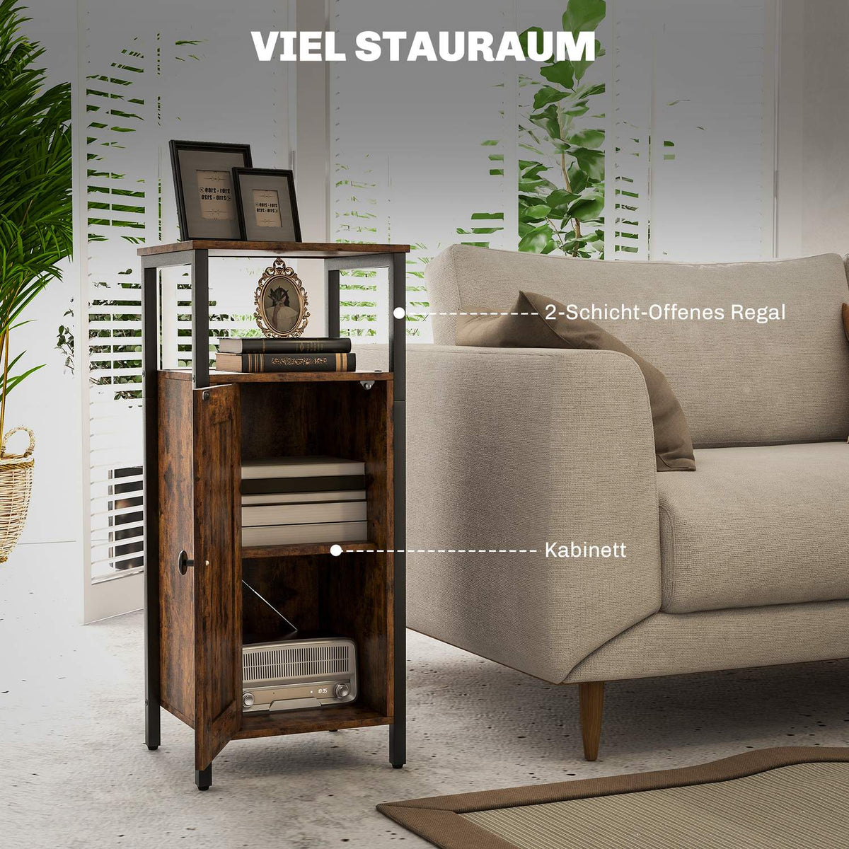 Side table, coffee table in industrial design, coffee table with adjustable shelf, for living room, bedroom, 34 x 30 x 80 cm, rustic brown