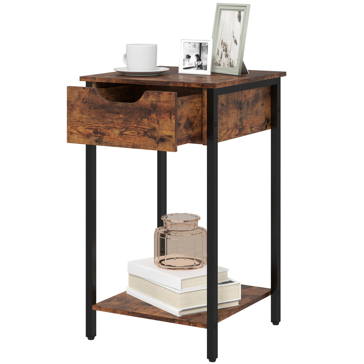 Side table, coffee table in industrial design, coffee table with steel frame, for living room, bedroom, 40 x 40 x 68 cm, rustic brown