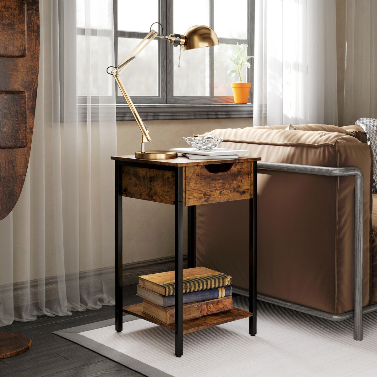 Side table, coffee table in industrial design, coffee table with steel frame, for living room, bedroom, 40 x 40 x 68 cm, rustic brown