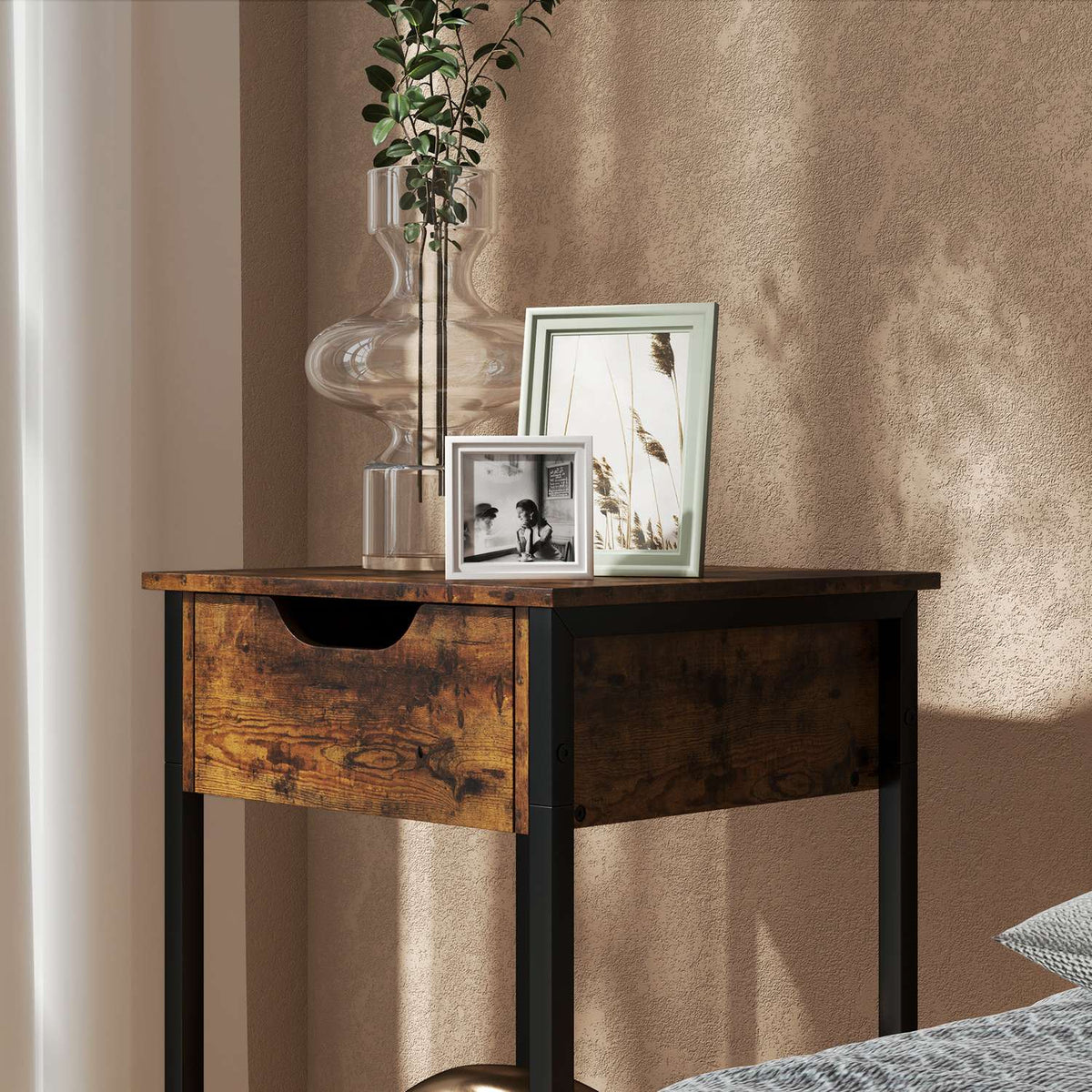 Side table, coffee table in industrial design, coffee table with steel frame, for living room, bedroom, 40 x 40 x 68 cm, rustic brown