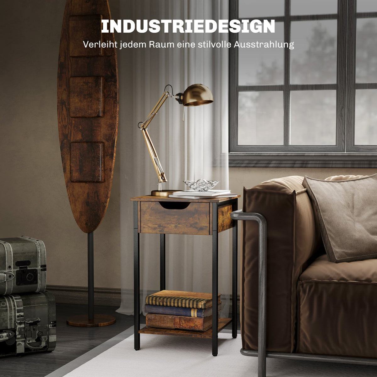 Side table, coffee table in industrial design, coffee table with steel frame, for living room, bedroom, 40 x 40 x 68 cm, rustic brown