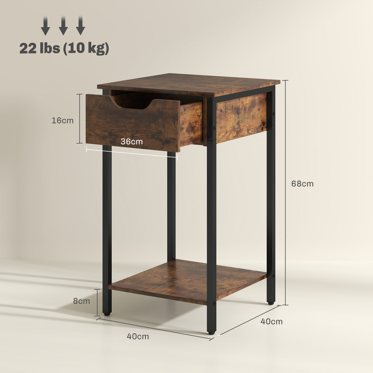 Side table, coffee table in industrial design, coffee table with steel frame, for living room, bedroom, 40 x 40 x 68 cm, rustic brown