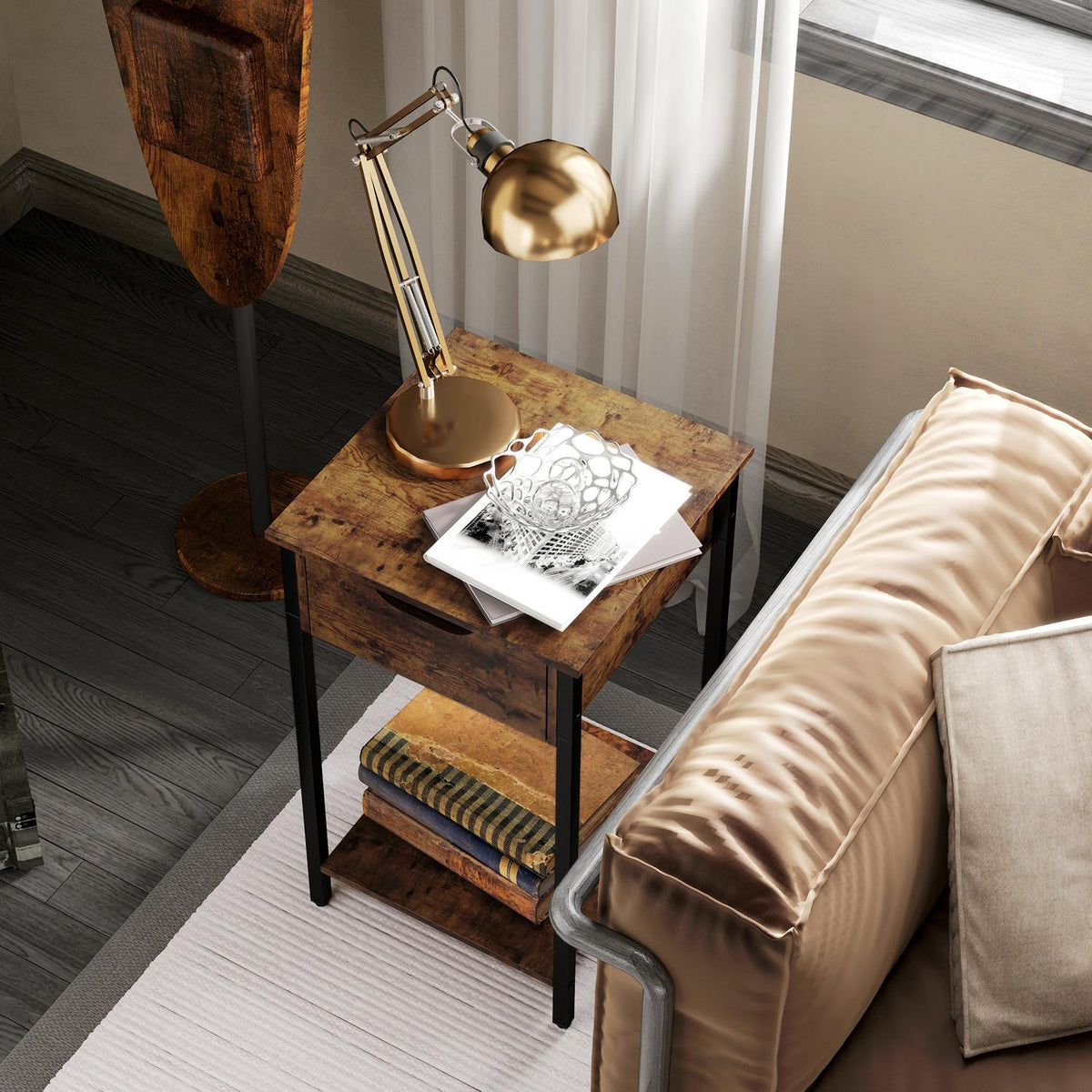 Side table, coffee table in industrial design, coffee table with steel frame, for living room, bedroom, 40 x 40 x 68 cm, rustic brown