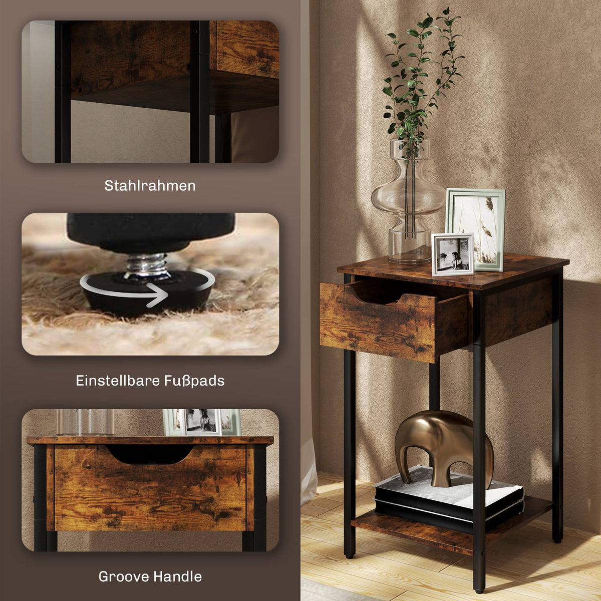 Side table, coffee table in industrial design, coffee table with steel frame, for living room, bedroom, 40 x 40 x 68 cm, rustic brown