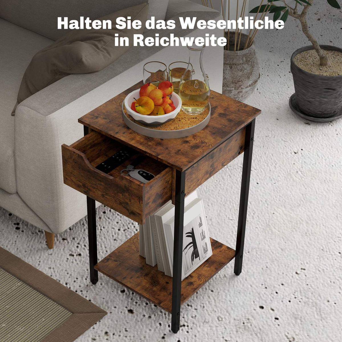 Side table, coffee table in industrial design, coffee table with steel frame, for living room, bedroom, 40 x 40 x 68 cm, rustic brown