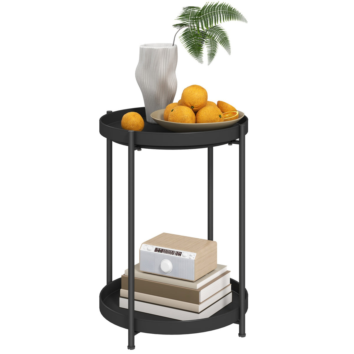 Side table, coffee table with 2 shelves, round coffee table, for living room, bedroom, 44 x 44 x 56 cm, steel, black