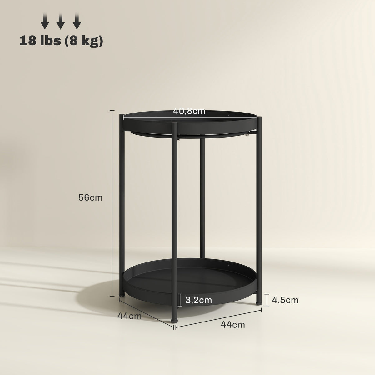 Side table, coffee table with 2 shelves, round coffee table, for living room, bedroom, 44 x 44 x 56 cm, steel, black