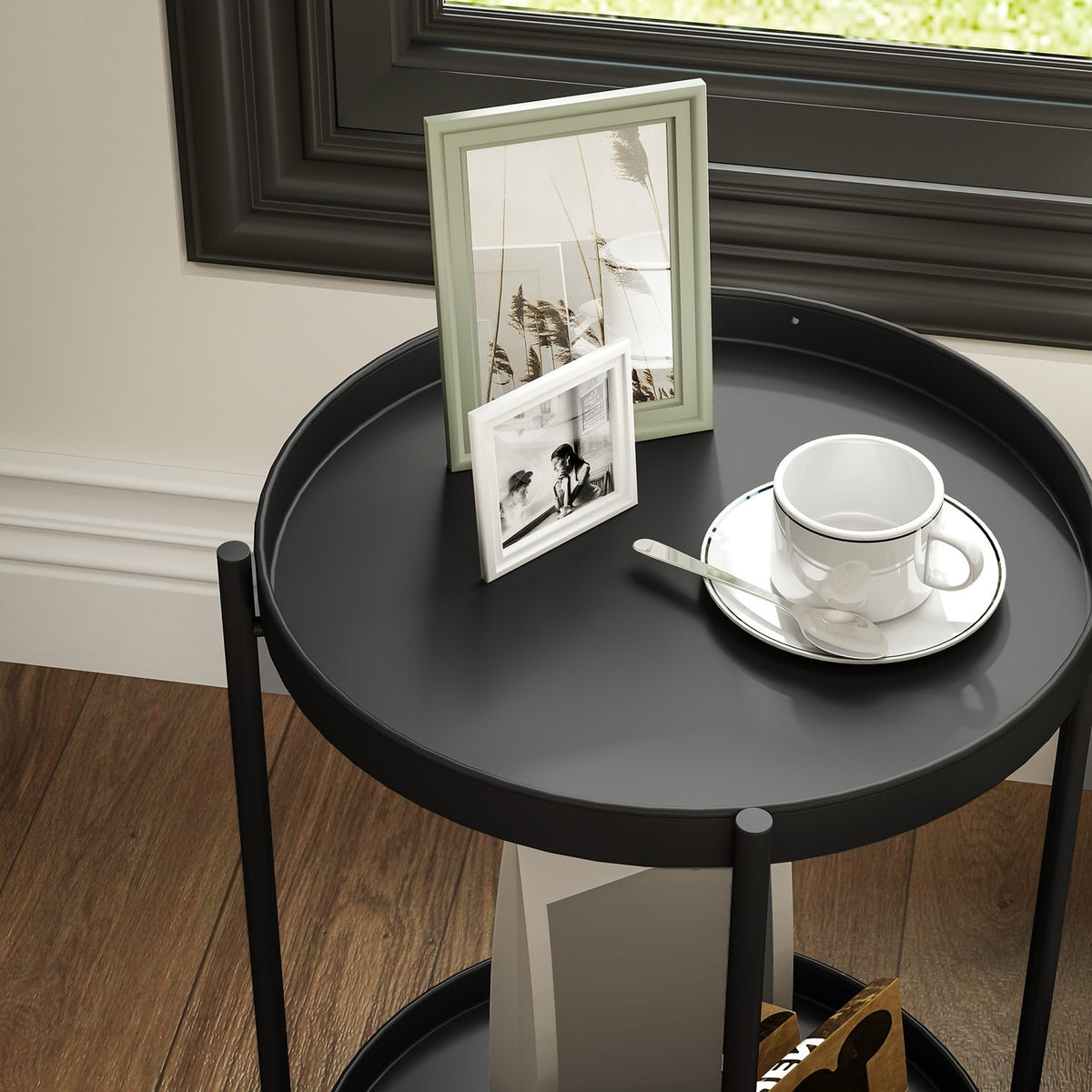 Side table, coffee table with 2 shelves, round coffee table, for living room, bedroom, 44 x 44 x 56 cm, steel, black