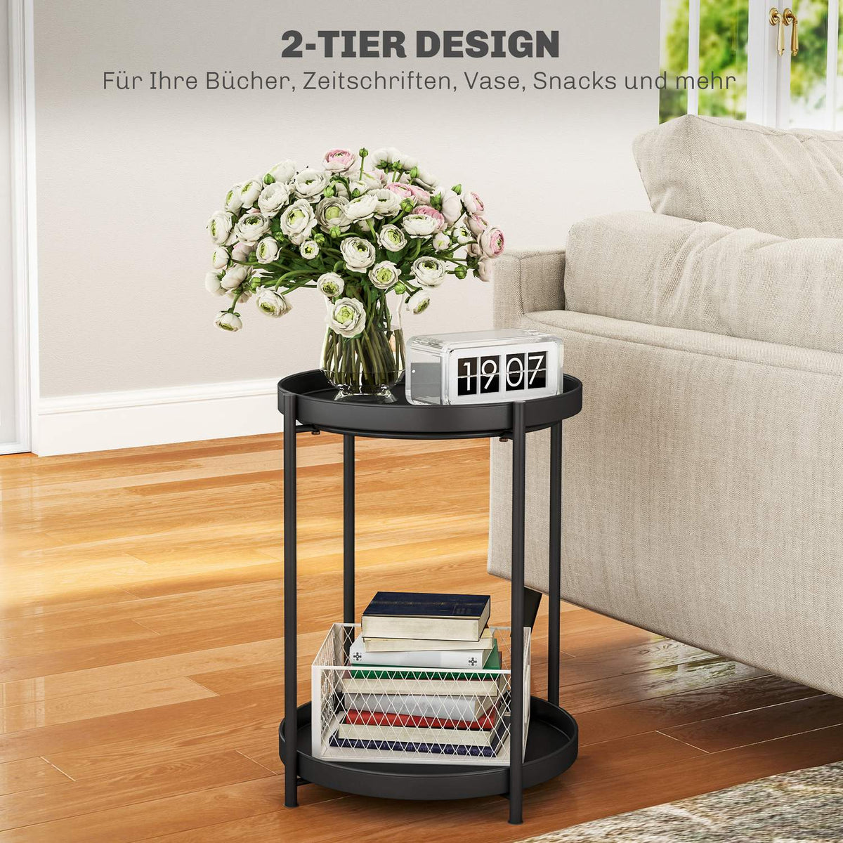 Side table, coffee table with 2 shelves, round coffee table, for living room, bedroom, 44 x 44 x 56 cm, steel, black
