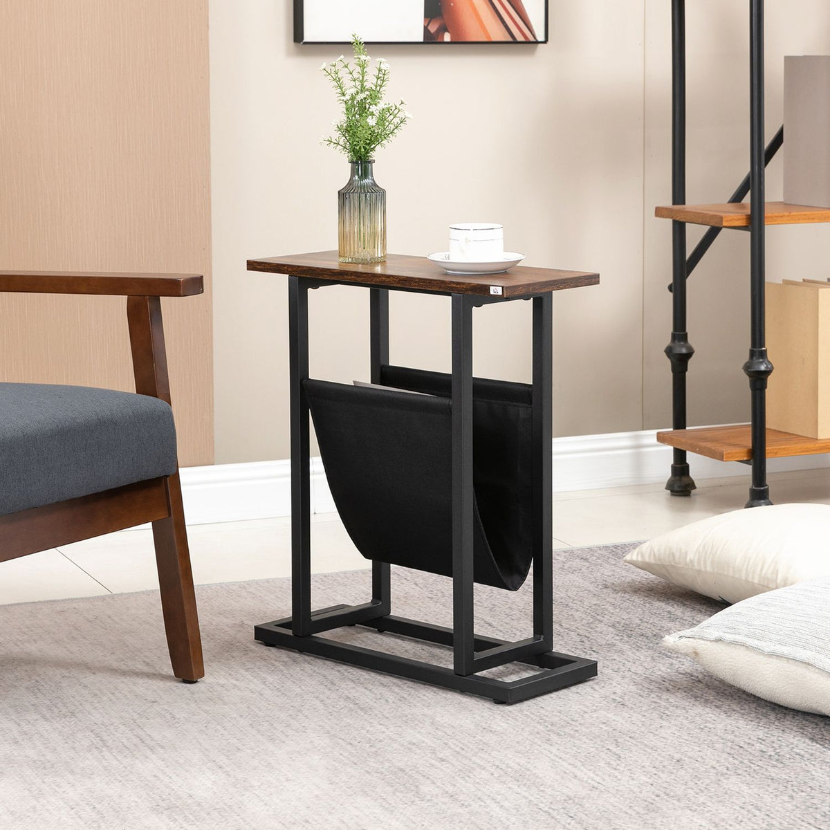 Side table coffee table with fabric bag & steel frame, bedside table for bedroom or living room, dark brown and black