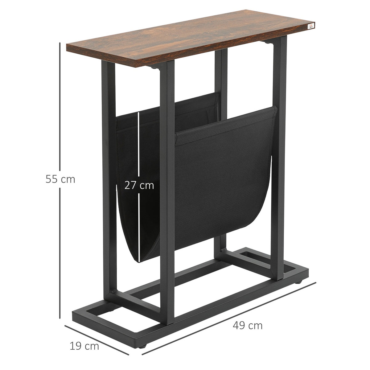Side table coffee table with fabric bag & steel frame, bedside table for bedroom or living room, dark brown and black