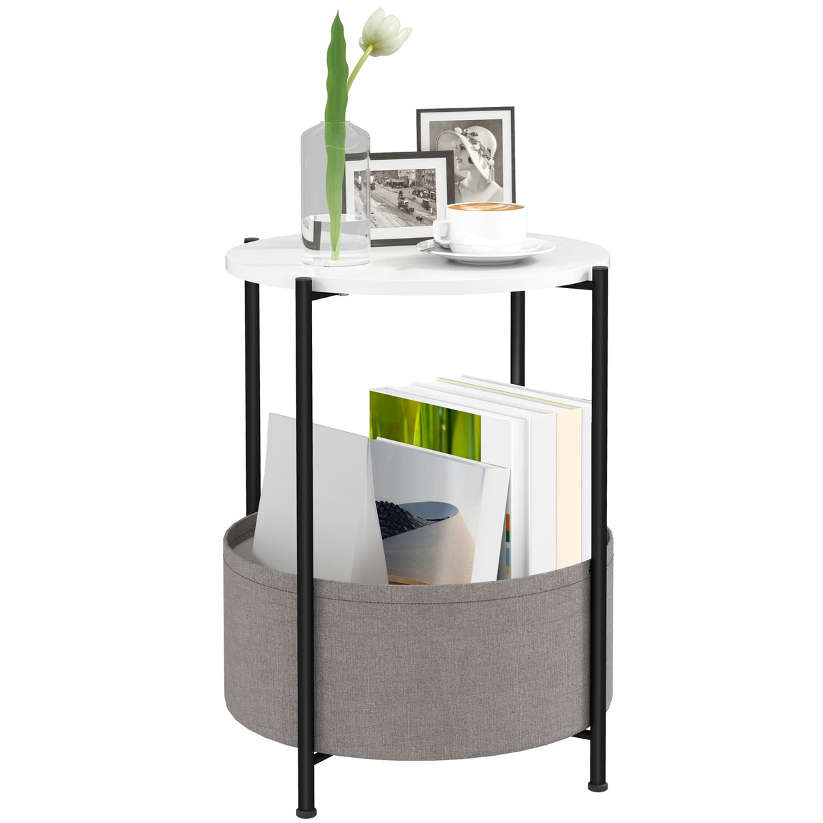 Side table, coffee table with fabric basket, round coffee table with storage space, for living room, bedroom, 44 x 44 x 56 cm, steel, gray + white