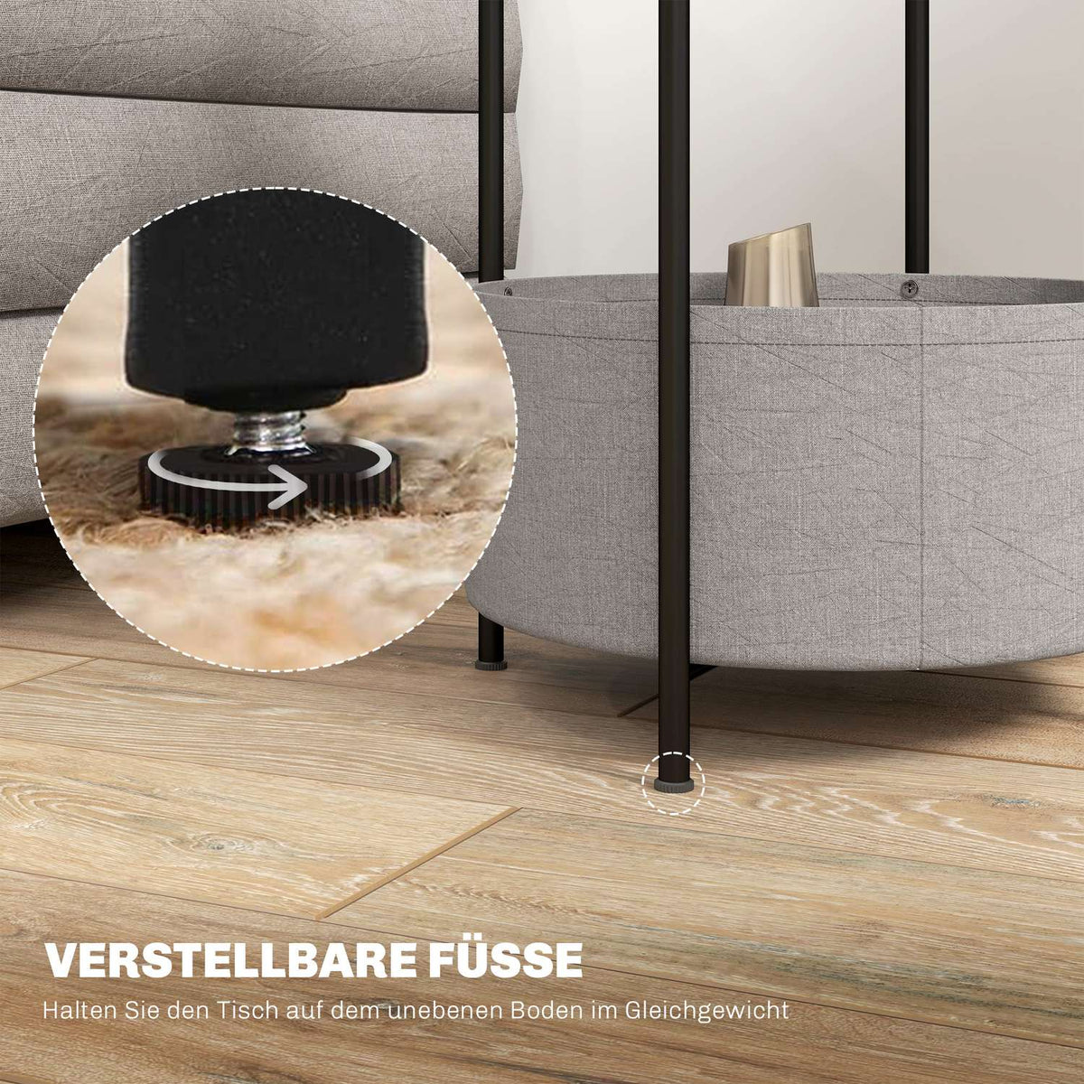 Side table, coffee table with fabric basket, round coffee table with storage space, for living room, bedroom, 44 x 44 x 56 cm, steel, gray + white