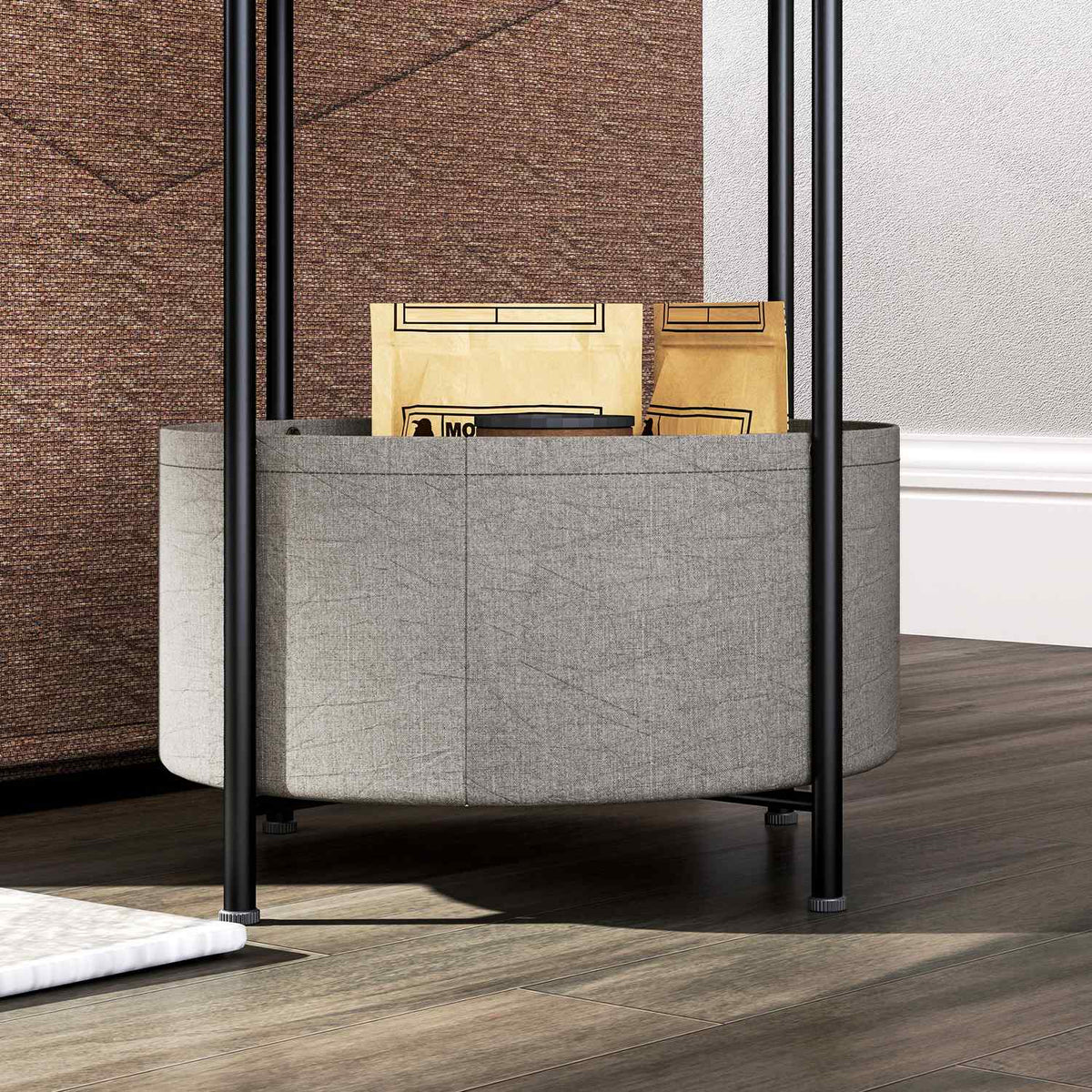 Side table, coffee table with fabric basket, round coffee table with storage space, for living room, bedroom, 44 x 44 x 56 cm, steel, gray + white