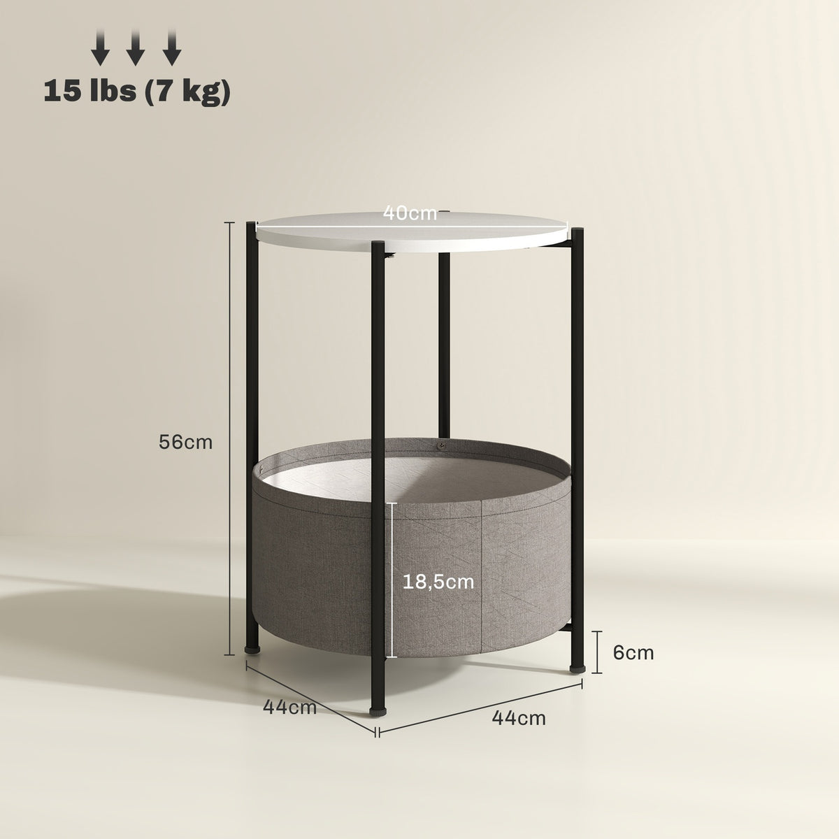 Side table, coffee table with fabric basket, round coffee table with storage space, for living room, bedroom, 44 x 44 x 56 cm, steel, gray + white
