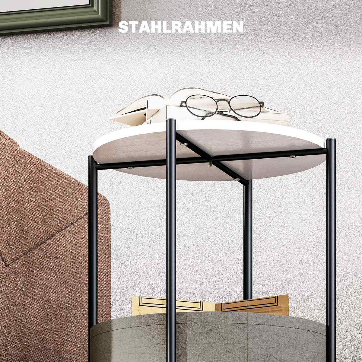 Side table, coffee table with fabric basket, round coffee table with storage space, for living room, bedroom, 44 x 44 x 56 cm, steel, gray + white