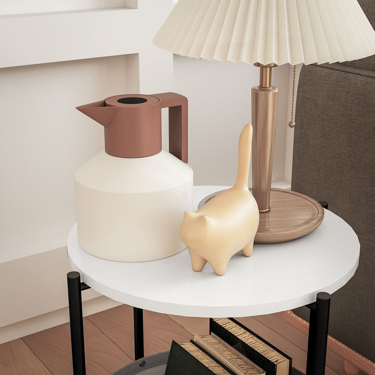 Side table, coffee table with fabric basket, round coffee table with storage space, for living room, bedroom, 44 x 44 x 56 cm, steel, gray + white