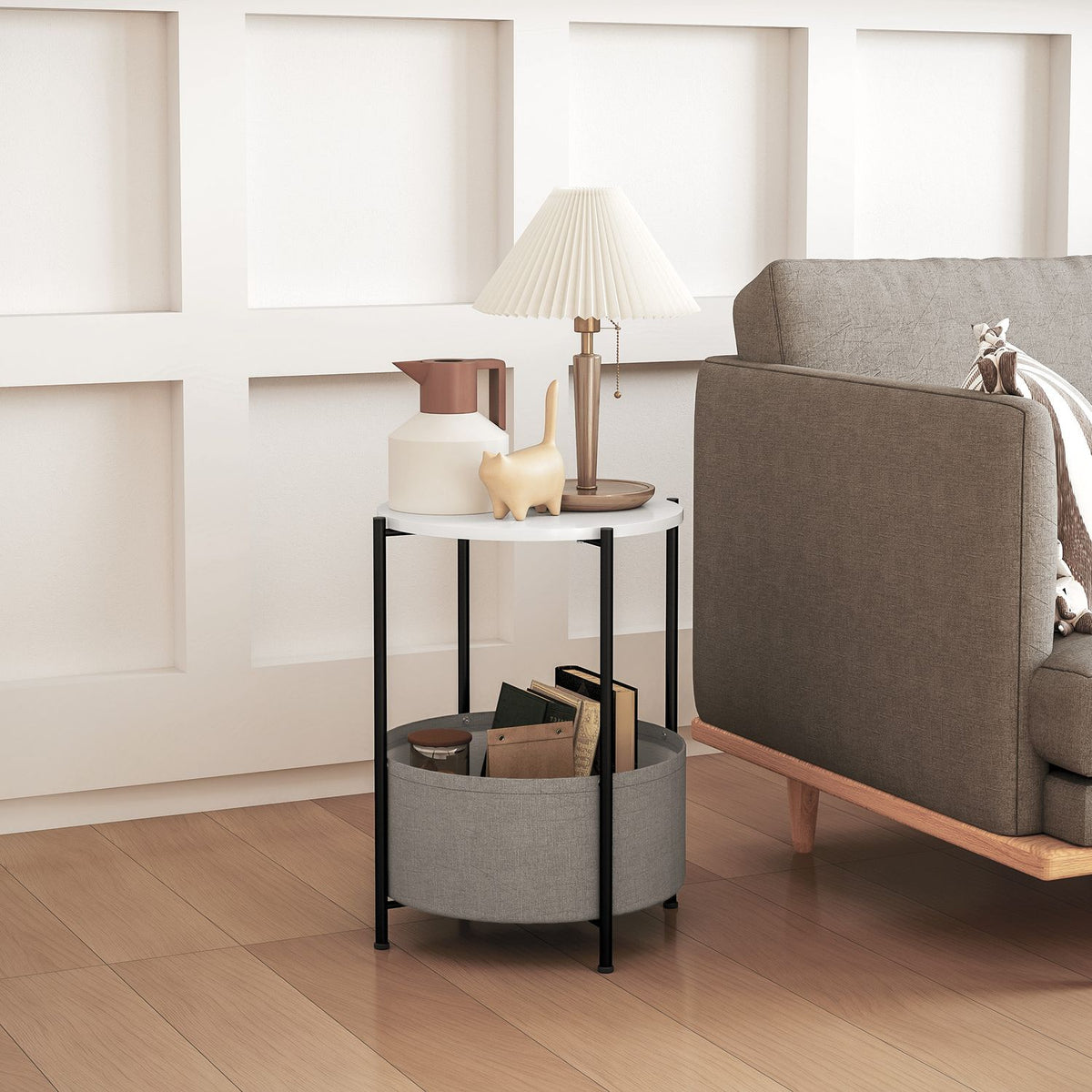 Side table, coffee table with fabric basket, round coffee table with storage space, for living room, bedroom, 44 x 44 x 56 cm, steel, gray + white