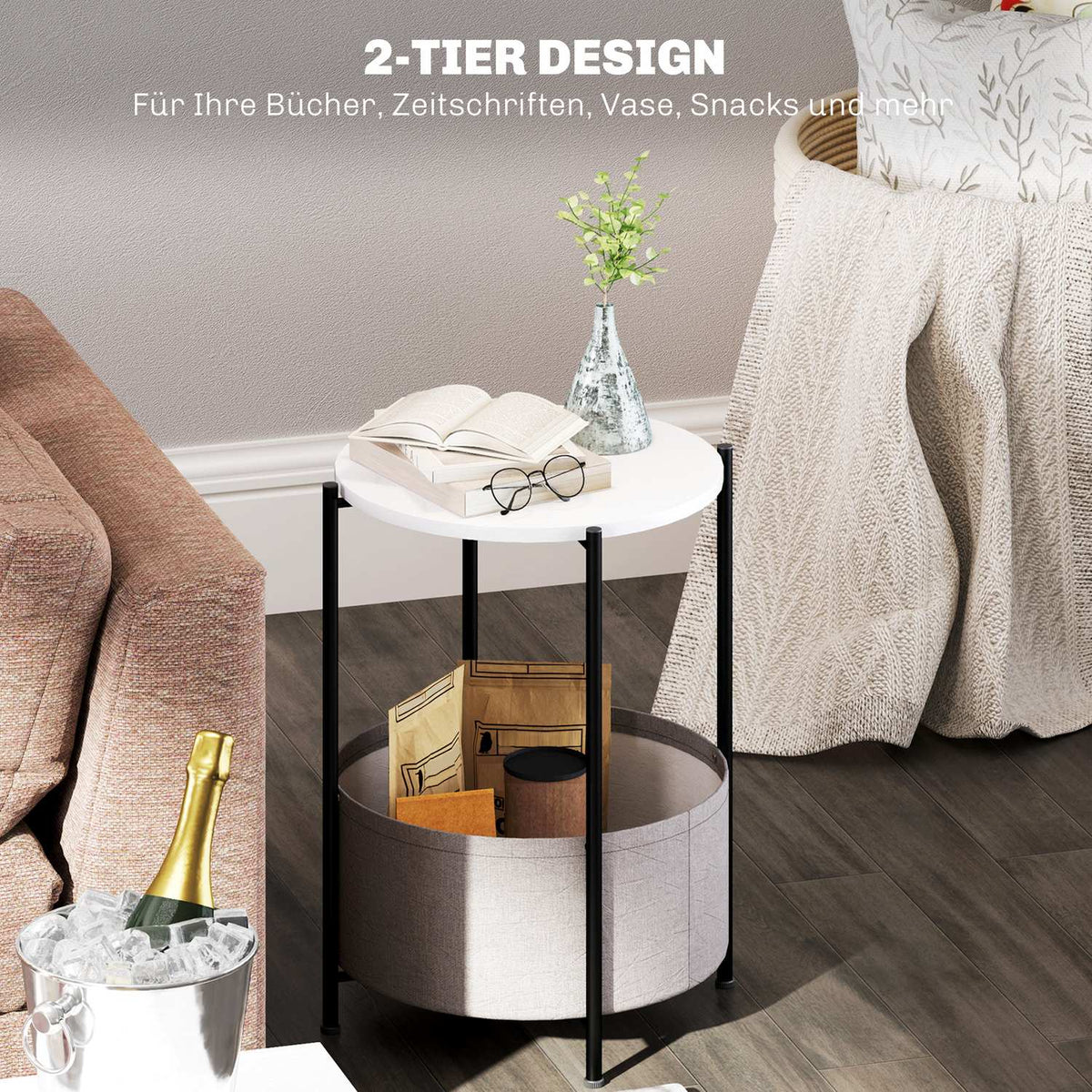 Side table, coffee table with fabric basket, round coffee table with storage space, for living room, bedroom, 44 x 44 x 56 cm, steel, gray + white