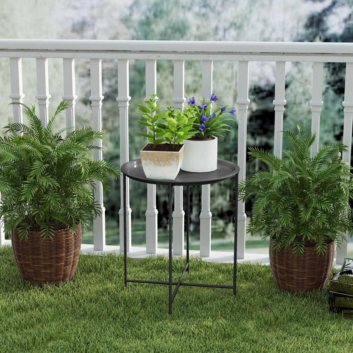 Side table, foldable garden table, diameter 46 x 50 cm, round, weatherproof, balcony table with folding table legs, camping table, folding table, coffee table for living room, office, outdoor, indoor, black