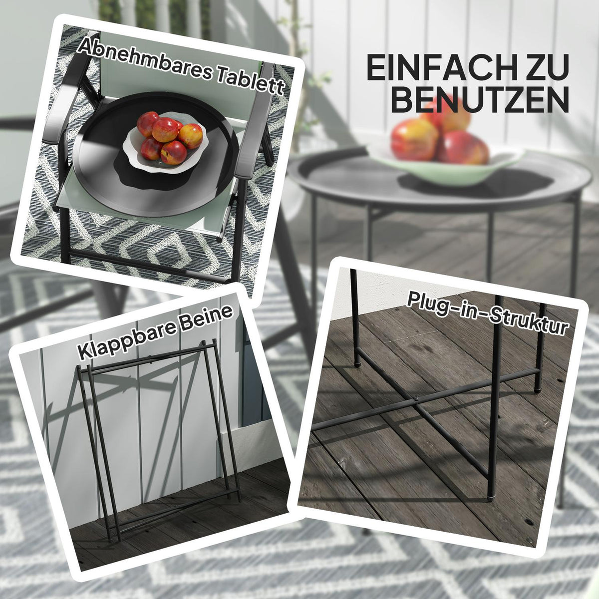 Side table, foldable garden table, diameter 46 x 50 cm, round, weatherproof, balcony table with folding table legs, camping table, folding table, coffee table for living room, office, outdoor, indoor, black