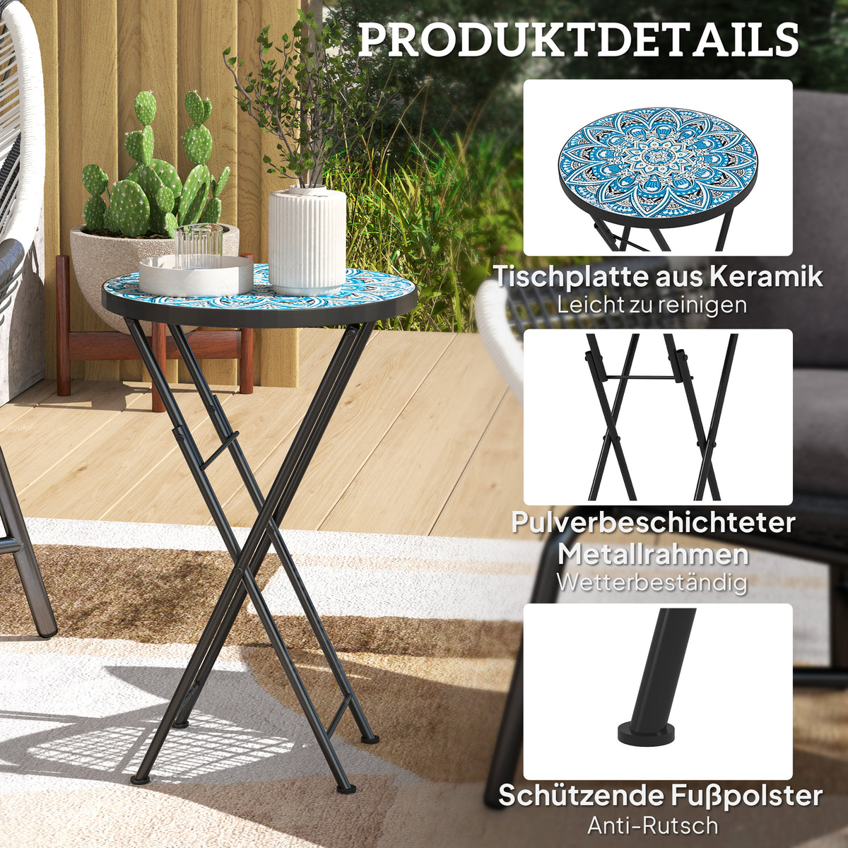 Side table, folding garden table with mosaic design, diameter 35.5 x 55 cm, round weatherproof balcony table made of metal, camping table, folding table, coffee table for living room, office, outdoor, indoor, blue