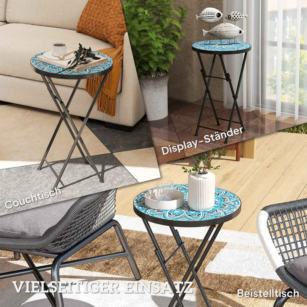 Side table, folding garden table with mosaic design, diameter 35.5 x 55 cm, round weatherproof balcony table made of metal, camping table, folding table, coffee table for living room, office, outdoor, indoor, blue
